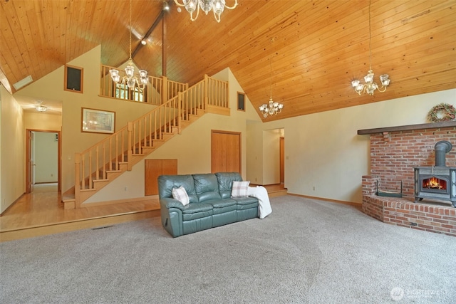 1931B State Route 505, Toledo, WA 98591 - unfurnished living room featuring a chandelier, wood ceiling, carpet, stairway, and high vaulted ceiling