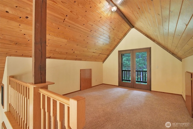 1931B State Route 505, Toledo, WA 98591 - bonus room featuring carpet flooring, wood ceiling, vaulted ceiling, and french doors