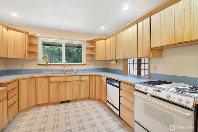 1931B State Route 505, Toledo, WA 98591 - kitchen featuring white appliances, light brown cabinets, open shelves, light flooring, and recessed lighting