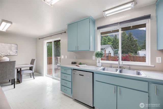 650 Elwell Ave, Darrington, WA 98241 - kitchen featuring dishwasher, blue cabinetry, light countertops, and light floors