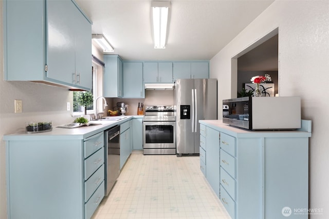 650 Elwell Ave, Darrington, WA 98241 - kitchen with stainless steel appliances, blue cabinets, under cabinet range hood, light countertops, and light flooring