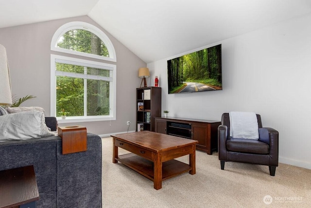 43920 SE 170th St, North Bend, WA 98045 - living room featuring light carpet and vaulted ceiling