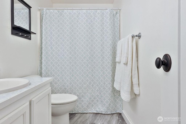 43920 SE 170th St, North Bend, WA 98045 - full bathroom with vanity, wood finished floors, and curtained shower