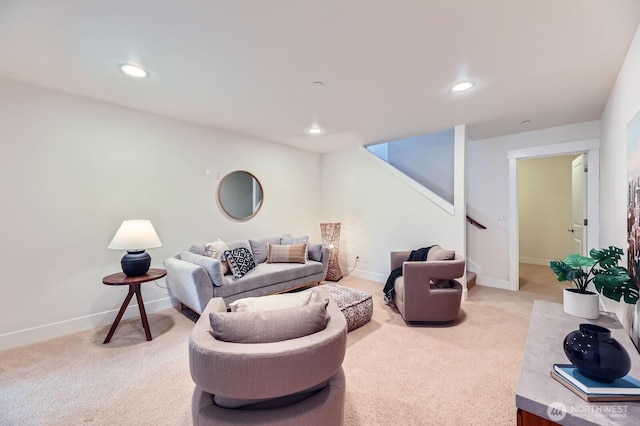 9064 177th Pl NE, Redmond, WA 98052 - living area with light carpet, stairs, and recessed lighting