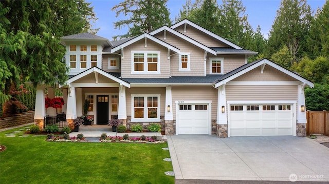 1709 223rd Ave SE, Sammamish, WA 98075 - craftsman-style home with concrete driveway, stone siding, a porch, and an attached garage