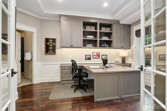 1709 223rd Ave SE, Sammamish, WA 98075 - office with built in desk, dark wood-style floors, crown molding, french doors, and wainscoting