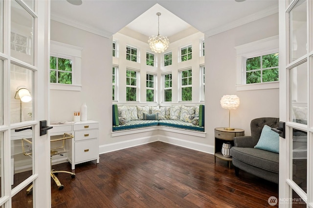 1709 223rd Ave SE, Sammamish, WA 98075 - sitting room featuring a chandelier, dark wood-type flooring, a desk, and ornamental molding