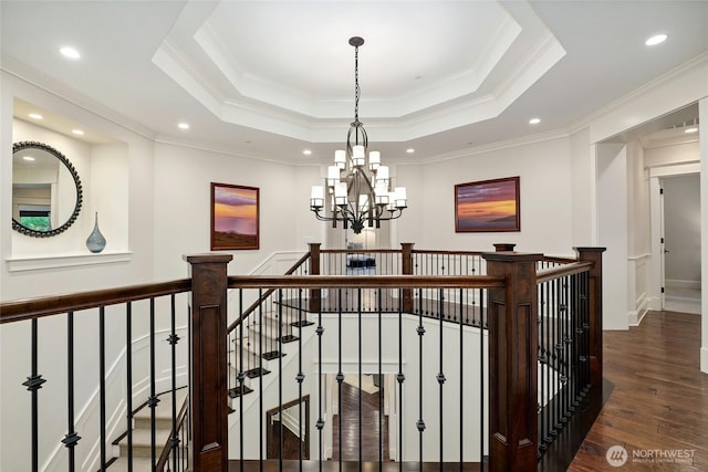 1709 223rd Ave SE, Sammamish, WA 98075 - corridor featuring a chandelier, ornamental molding, an upstairs landing, wood finished floors, and a tray ceiling