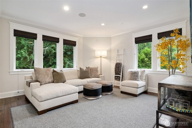 1709 223rd Ave SE, Sammamish, WA 98075 - living area with healthy amount of natural light, ornamental molding, wood-type flooring, and recessed lighting