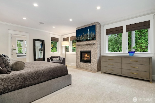 1709 223rd Ave SE, Sammamish, WA 98075 - bedroom featuring ornamental molding, a fireplace, recessed lighting, and carpet floors