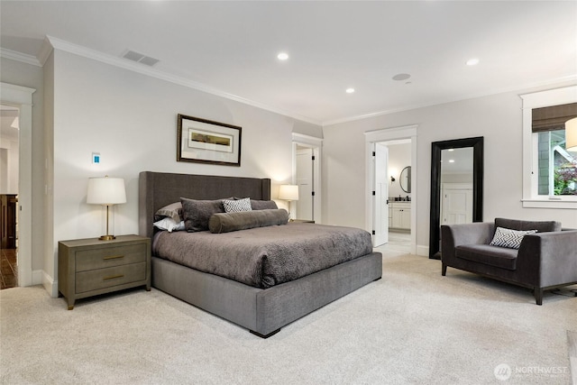 1709 223rd Ave SE, Sammamish, WA 98075 - bedroom featuring light carpet, crown molding, recessed lighting, and connected bathroom