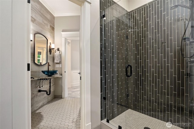 1709 223rd Ave SE, Sammamish, WA 98075 - bathroom featuring a shower stall, ornamental molding, and tile patterned floors