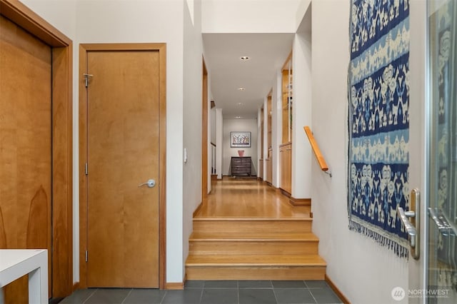 2337 NW 194th Pl, Shoreline, WA 98177 - corridor with stairway, dark tile patterned floors, and recessed lighting