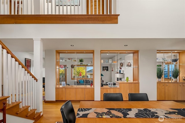 2337 NW 194th Pl, Shoreline, WA 98177 - dining area featuring stairs, light wood-style floors, and recessed lighting
