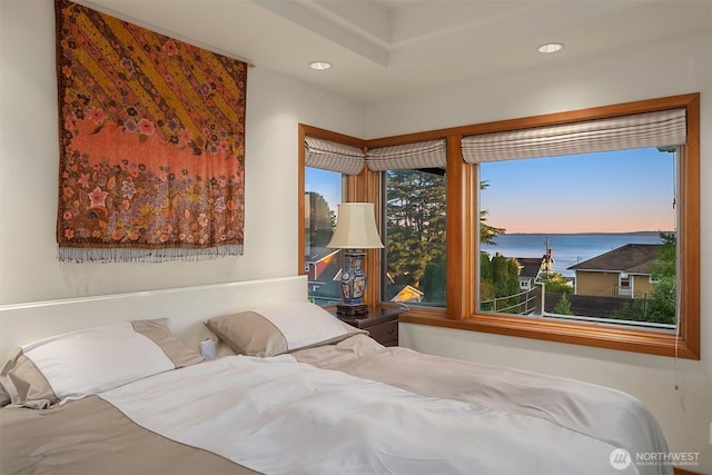2337 NW 194th Pl, Shoreline, WA 98177 - bedroom featuring recessed lighting and a water view