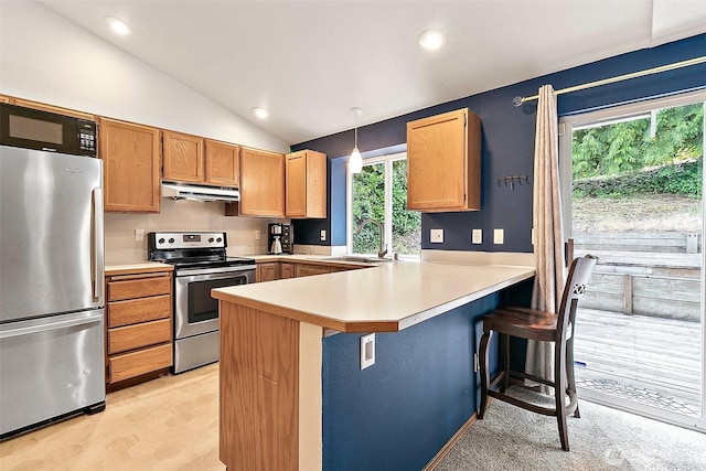 1810 S Tyler St, Tacoma, WA 98405 - kitchen with stainless steel appliances, under cabinet range hood, vaulted ceiling, light countertops, and a peninsula