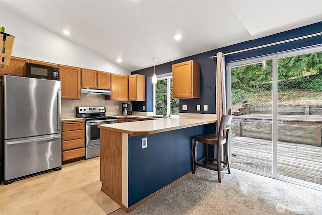 1810 S Tyler St, Tacoma, WA 98405 - kitchen featuring appliances with stainless steel finishes, lofted ceiling, under cabinet range hood, light countertops, and a peninsula