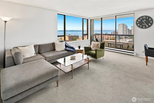 2201 3rd Ave Unit 1404, Seattle, WA 98121 - living room with a baseboard heating unit, plenty of natural light, carpet, a water view, and a textured ceiling
