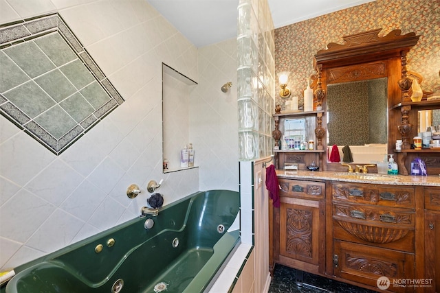 444 Washington St, Walla Walla, WA 99362 - full bathroom with a jetted tub, vanity, and wallpapered walls