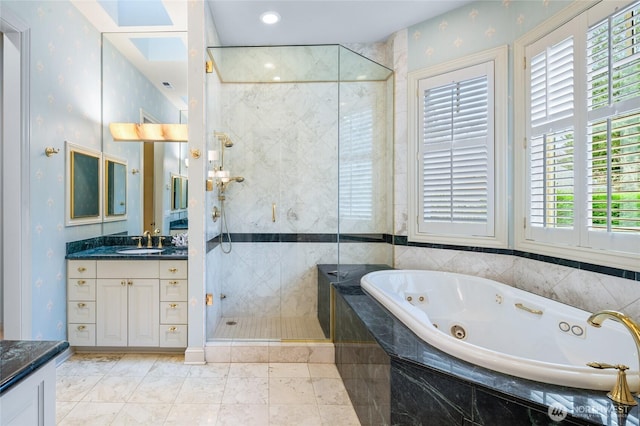 1510 38th Ave E, Seattle, WA 98112 - full bath featuring vanity, a stall shower, a whirlpool tub, and wallpapered walls