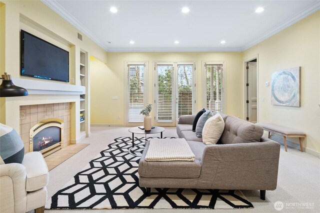 1510 38th Ave E, Seattle, WA 98112 - carpeted living area with built in features, ornamental molding, recessed lighting, and a tile fireplace