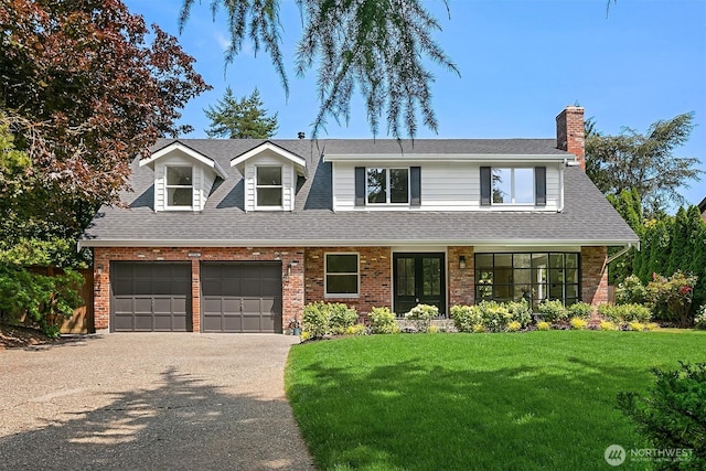 2534 Medina Cir, Medina, WA 98039 - view of front facade featuring a front yard, driveway, brick siding, a chimney, and a shingled roof