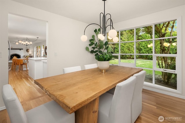 2534 Medina Cir, Medina, WA 98039 - dining room featuring a chandelier, light wood-type flooring, and a brick fireplace