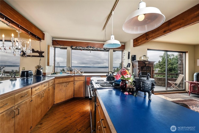 4722 53rd Ave SW, Seattle, WA 98116 - kitchen with stainless steel range oven, dark wood finished floors, beamed ceiling, a wood stove, and hanging light fixtures