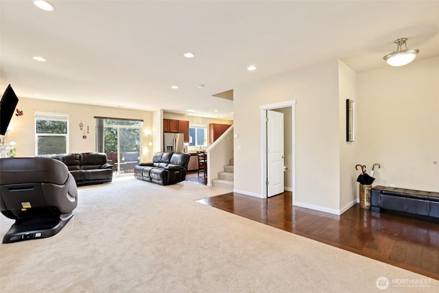 33908 12th Pl SW, Federal Way, WA 98023 - living area featuring stairway, recessed lighting, wood finished floors, and carpet flooring