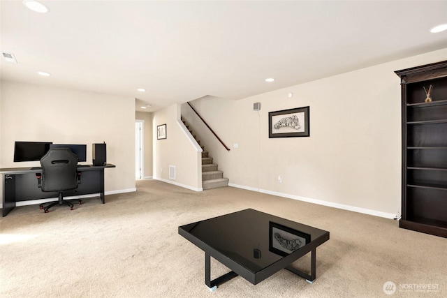 33908 12th Pl SW, Federal Way, WA 98023 - unfurnished living room featuring carpet flooring, recessed lighting, stairs, and an office area