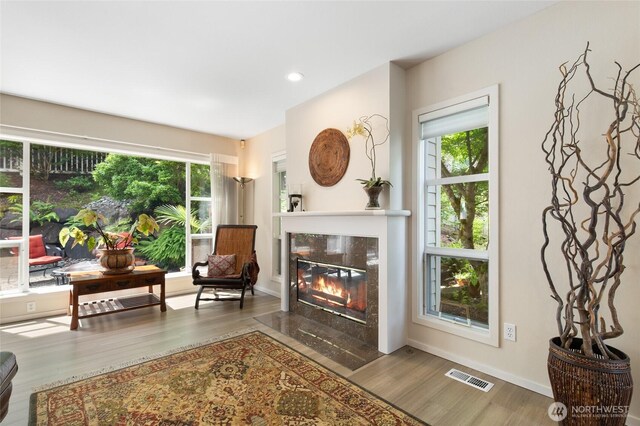 11211 NE 106th Pl, Kirkland, WA 98033 - living area with wood finished floors, a high end fireplace, and recessed lighting