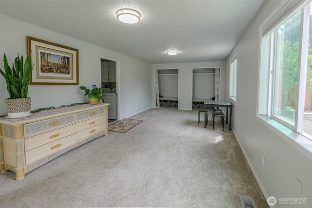 3024 Carpenter Loop SE, Olympia, WA 98503 - bedroom with light carpet, a textured ceiling, washer / dryer, and two closets