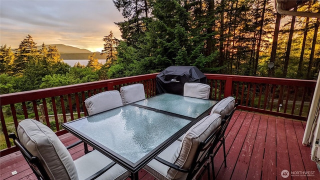 227 Bromley Dr, Orcas Island, WA 98245 - deck at dusk with outdoor dining space and grilling area