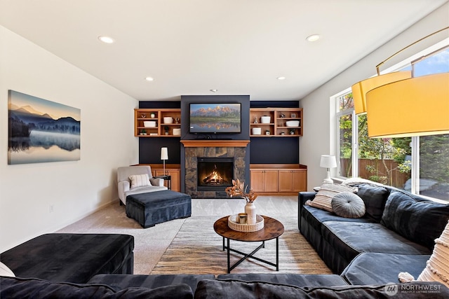 416 199th Pl SE, Bothell, WA 98012 - living area featuring a fireplace, carpet flooring, and recessed lighting