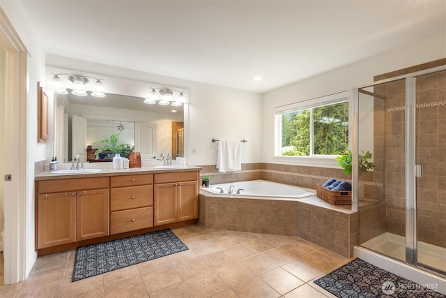 416 199th Pl SE, Bothell, WA 98012 - bathroom with double vanity, tile patterned floors, a shower stall, and recessed lighting