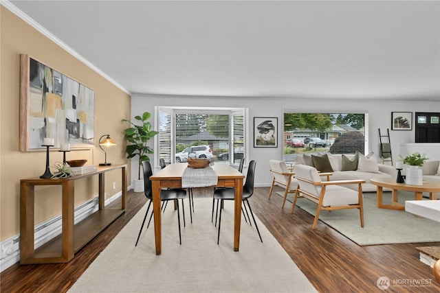 7411 201st St SW, Lynnwood, WA 98036 - dining space featuring crown molding, wood finished floors, plenty of natural light, and baseboard heating