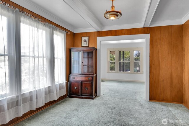 3108 S Walden St, Seattle, WA 98144 - carpeted empty room with beamed ceiling, ornamental molding, and wood walls