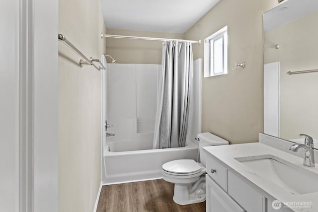 2237 Tolmie St, Dupont, WA 98327 - full bathroom with shower / bath combination with curtain, vanity, and wood finished floors