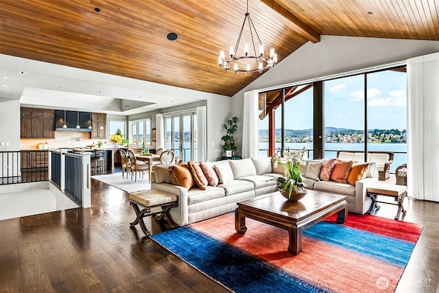 8440 Benotho Pl, Mercer Island, WA 98040 - living area with wood ceiling, a chandelier, and wood finished floors