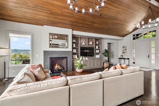 8440 Benotho Pl, Mercer Island, WA 98040 - living area with a chandelier, wood ceiling, high vaulted ceiling, a premium fireplace, and dark wood-type flooring