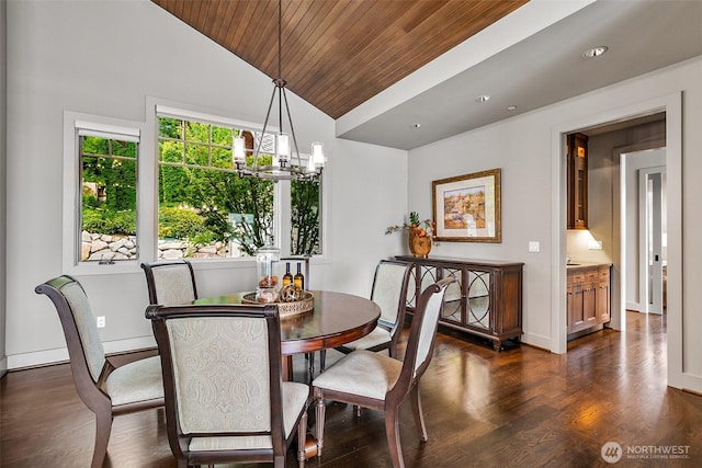 8440 Benotho Pl, Mercer Island, WA 98040 - dining space with wood ceiling, lofted ceiling, dark wood finished floors, a chandelier, and recessed lighting