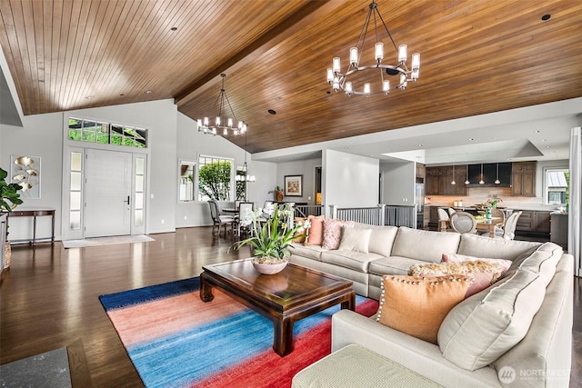8440 Benotho Pl, Mercer Island, WA 98040 - living area featuring a chandelier, wood finished floors, high vaulted ceiling, and wooden ceiling