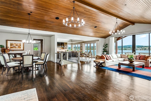8440 Benotho Pl, Mercer Island, WA 98040 - living area with a chandelier, healthy amount of natural light, hardwood / wood-style floors, and wooden ceiling