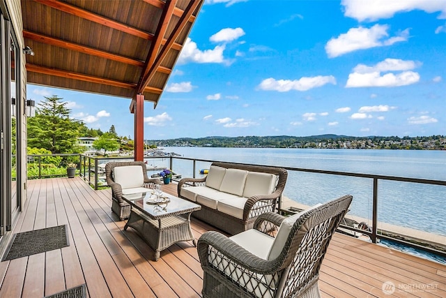 8440 Benotho Pl, Mercer Island, WA 98040 - wooden deck with a water view and outdoor lounge area