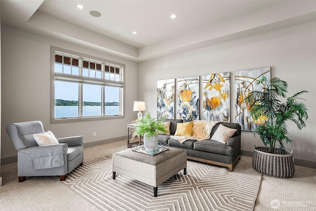 8440 Benotho Pl, Mercer Island, WA 98040 - carpeted living room with recessed lighting, a water view, and a raised ceiling