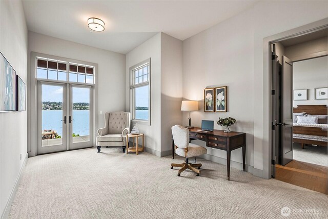 8440 Benotho Pl, Mercer Island, WA 98040 - office space with carpet floors, a water view, and french doors