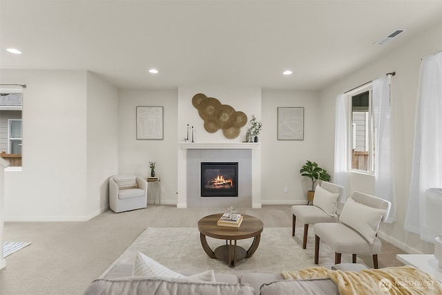9018 Viola St SE, Tumwater, WA 98501 - carpeted living room featuring recessed lighting and a fireplace