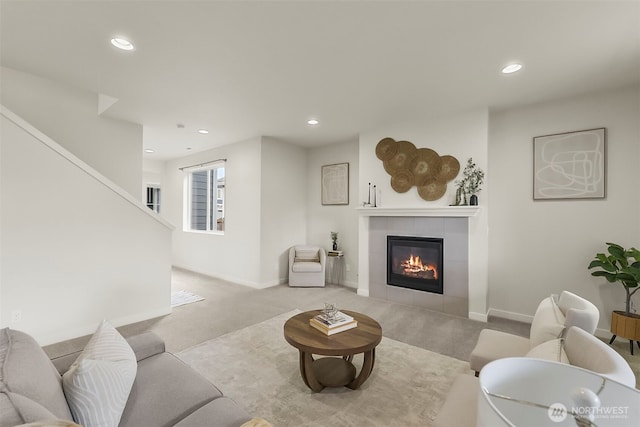 9018 Viola St SE, Tumwater, WA 98501 - carpeted living room featuring a fireplace, recessed lighting, and stairway