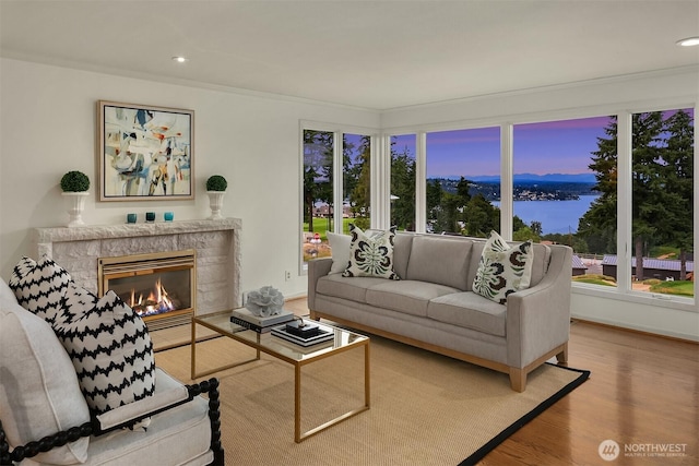 7761 Lakemont Dr NE, Seattle, WA 98115 - living area with wood finished floors, a glass covered fireplace, recessed lighting, and a water view