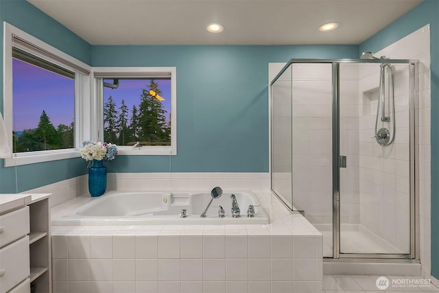 7761 Lakemont Dr NE, Seattle, WA 98115 - full bath with a garden tub, a stall shower, vanity, and recessed lighting